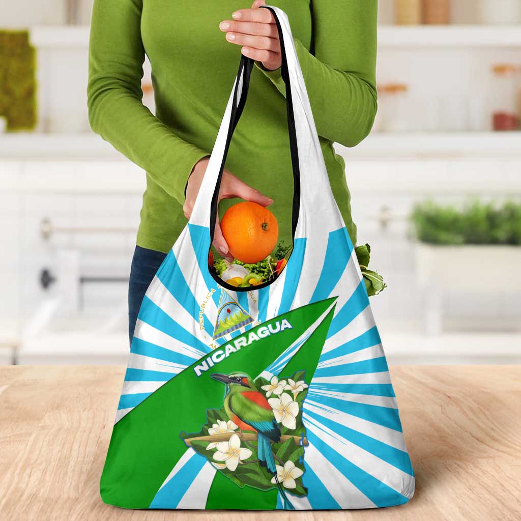Nicaragua National Bird Grocery Bag with White Flor de Sacuanjoche and Blue Stripe Design - Wonder Print Shop