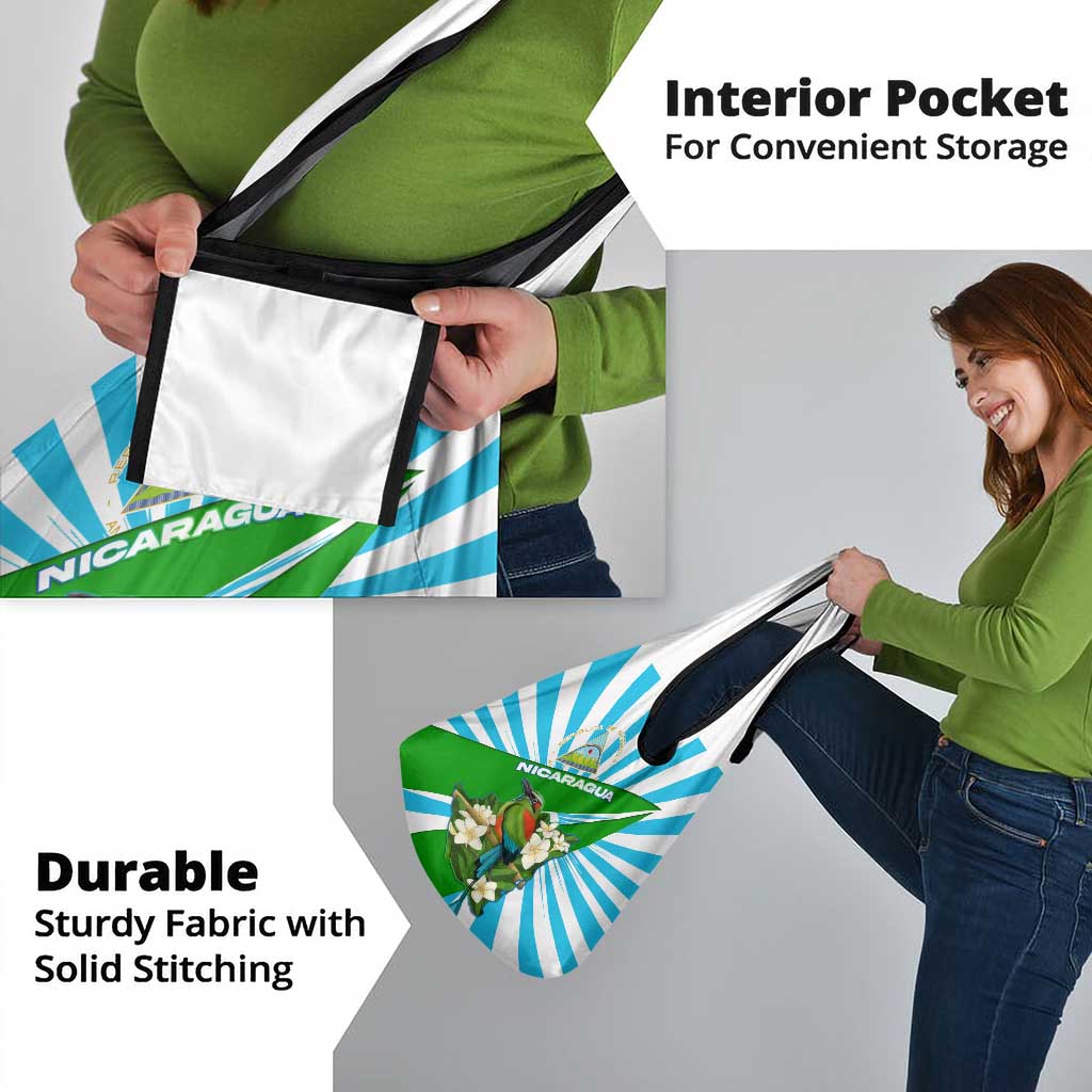 Nicaragua National Bird Grocery Bag with White Flor de Sacuanjoche and Blue Stripe Design - Wonder Print Shop