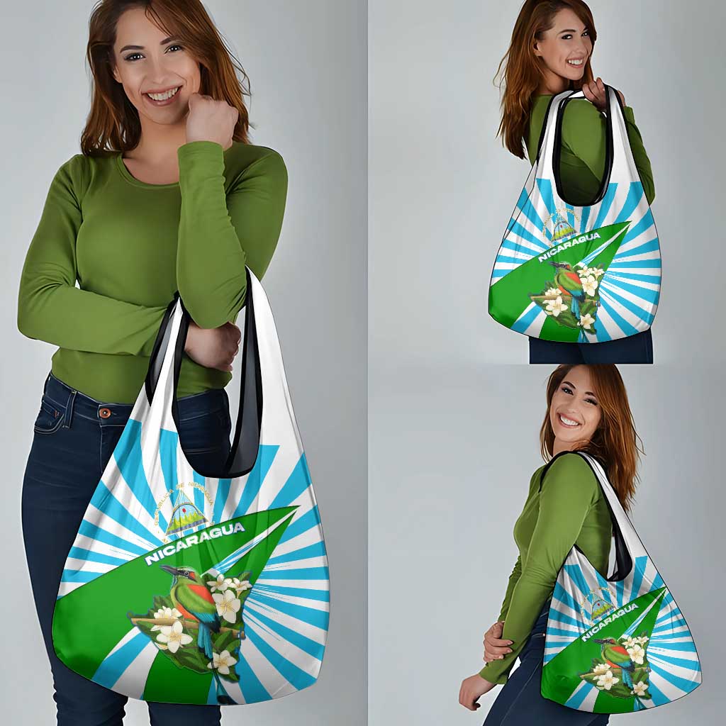 Nicaragua National Bird Grocery Bag with White Flor de Sacuanjoche and Blue Stripe Design - Wonder Print Shop