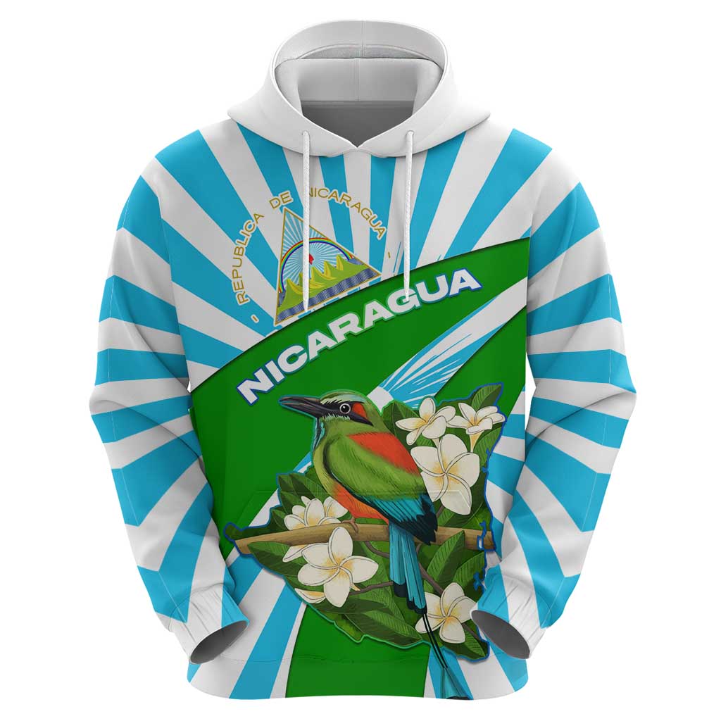 Nicaragua National Bird Hoodie with White Flor de Sacuanjoche and Blue Stripe Design - Wonder Print Shop