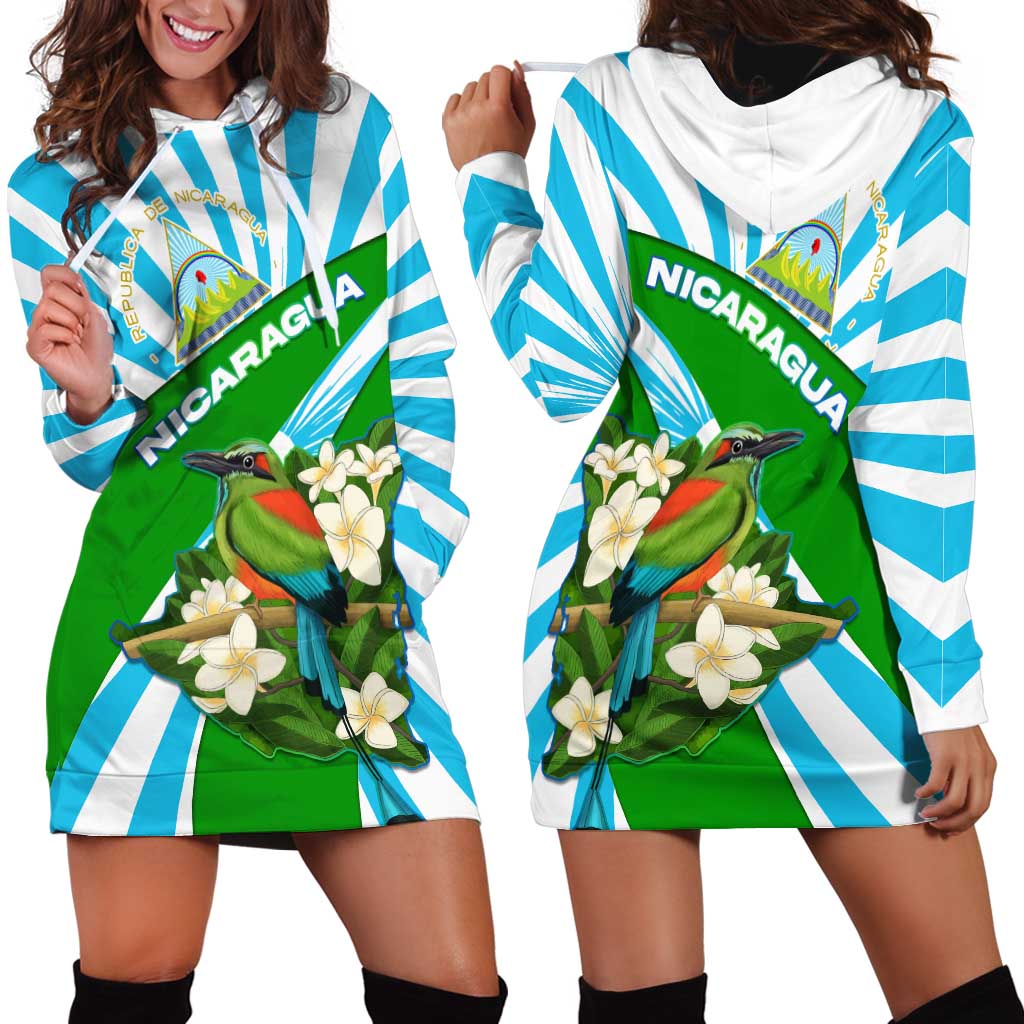 Nicaragua National Bird Hoodie Dress with White Flor de Sacuanjoche and Blue Stripe Design - Wonder Print Shop