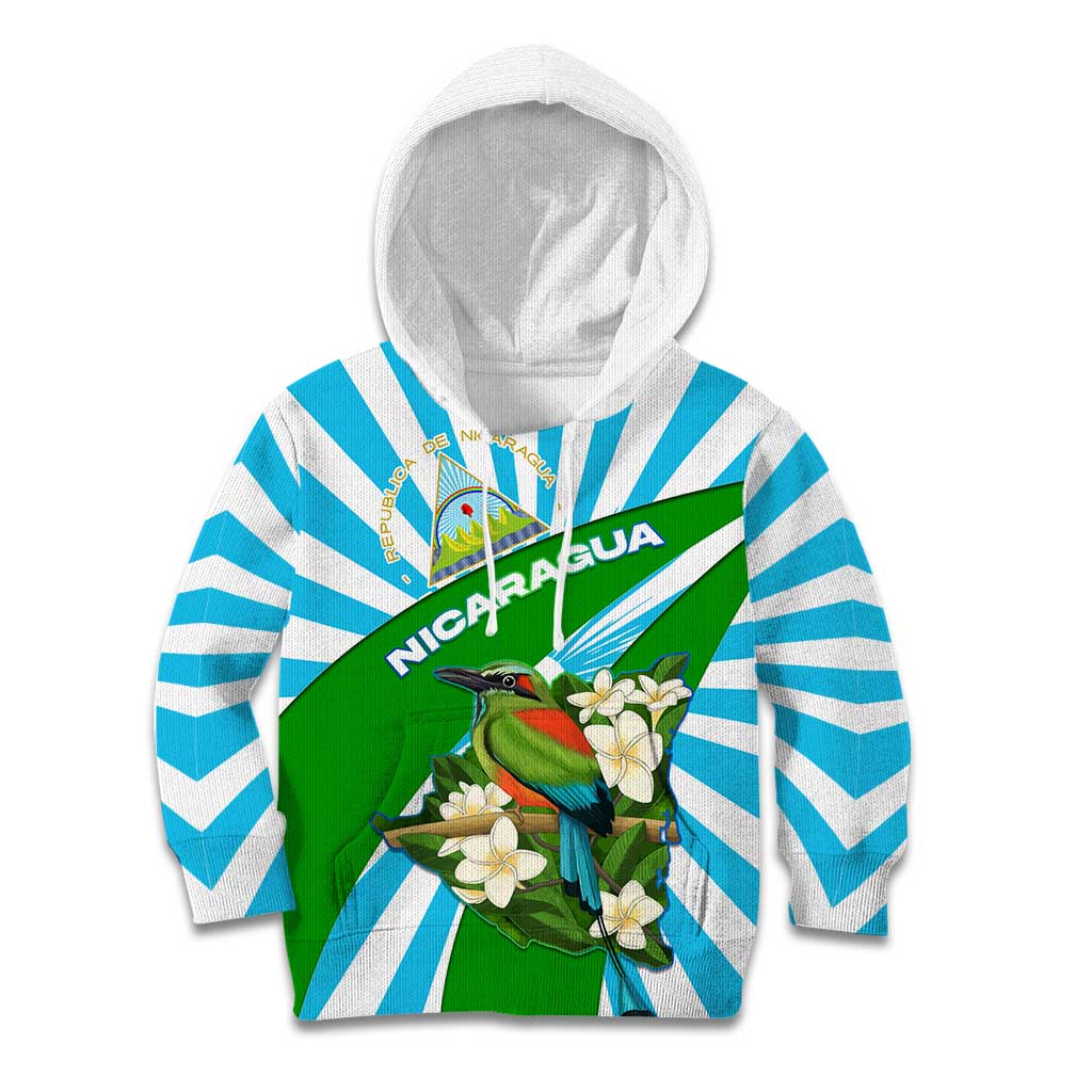 Nicaragua National Bird Kid Hoodie with White Flor de Sacuanjoche and Blue Stripe Design - Wonder Print Shop