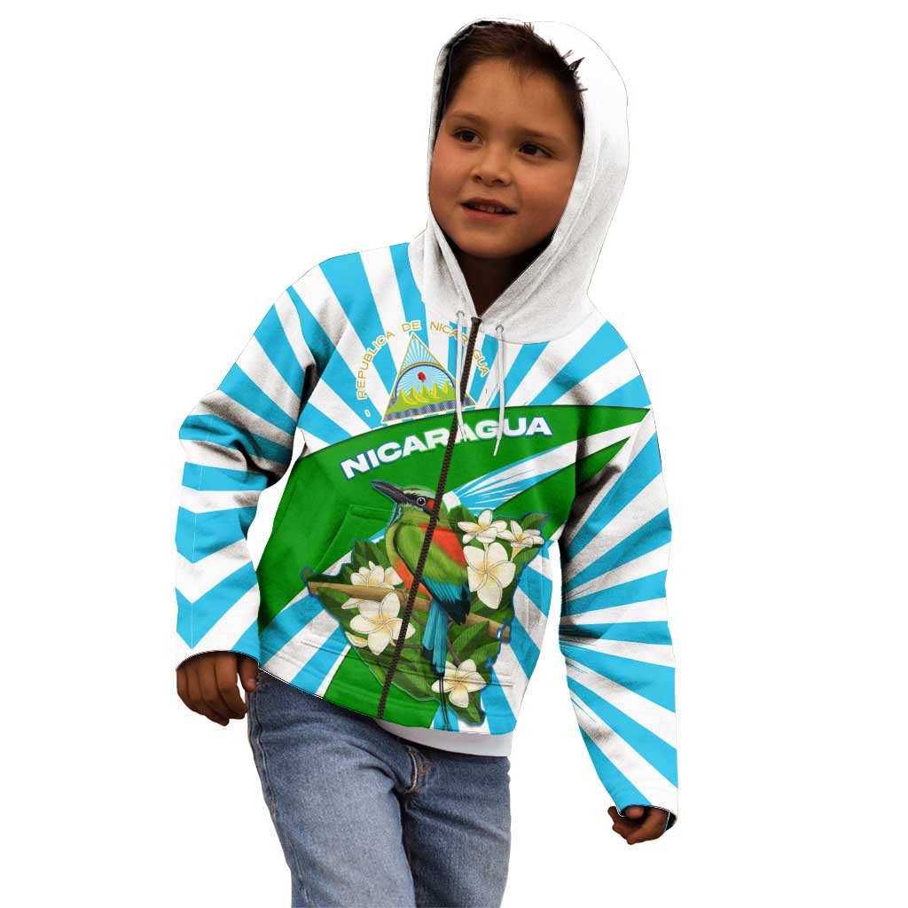 Nicaragua National Bird Kid Hoodie with White Flor de Sacuanjoche and Blue Stripe Design - Wonder Print Shop