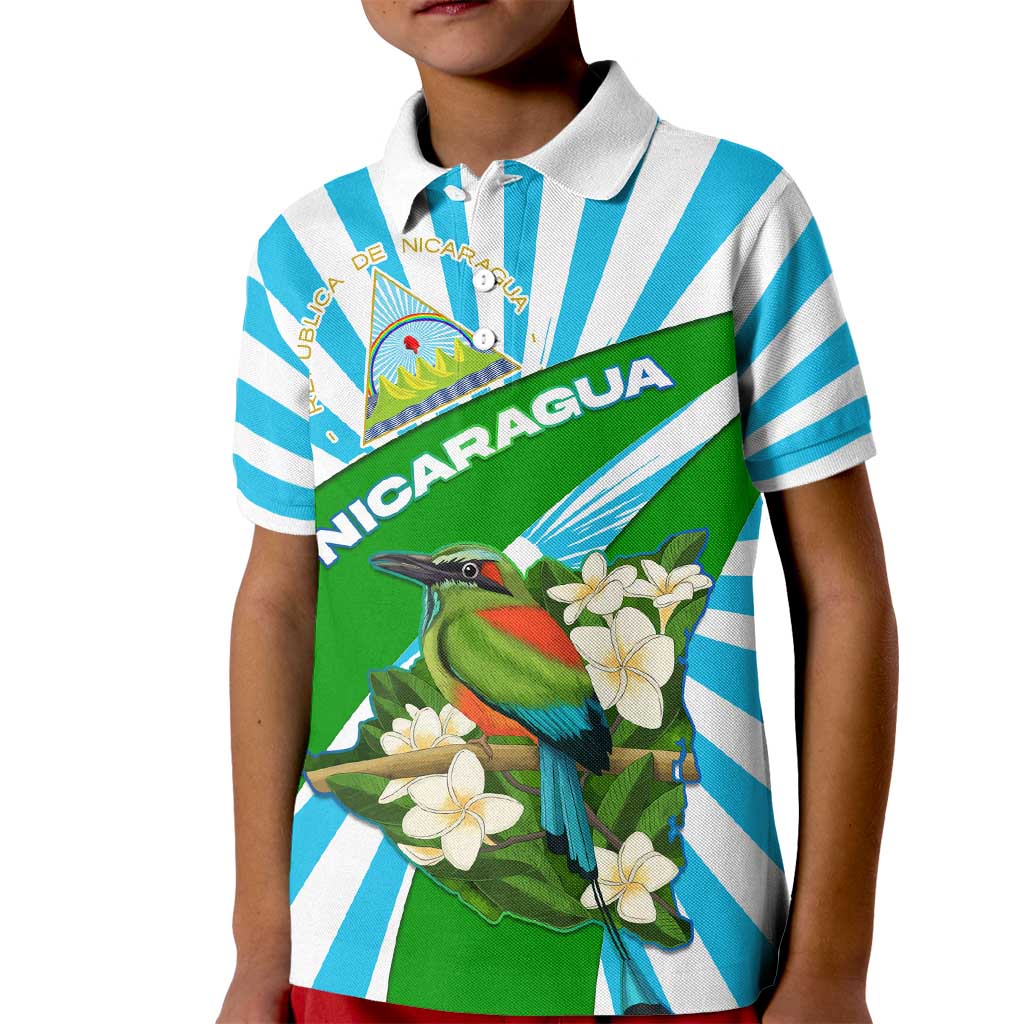 Nicaragua National Bird Kid Polo Shirt with White Flor de Sacuanjoche and Blue Stripe Design - Wonder Print Shop