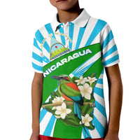 Nicaragua National Bird Kid Polo Shirt with White Flor de Sacuanjoche and Blue Stripe Design - Wonder Print Shop