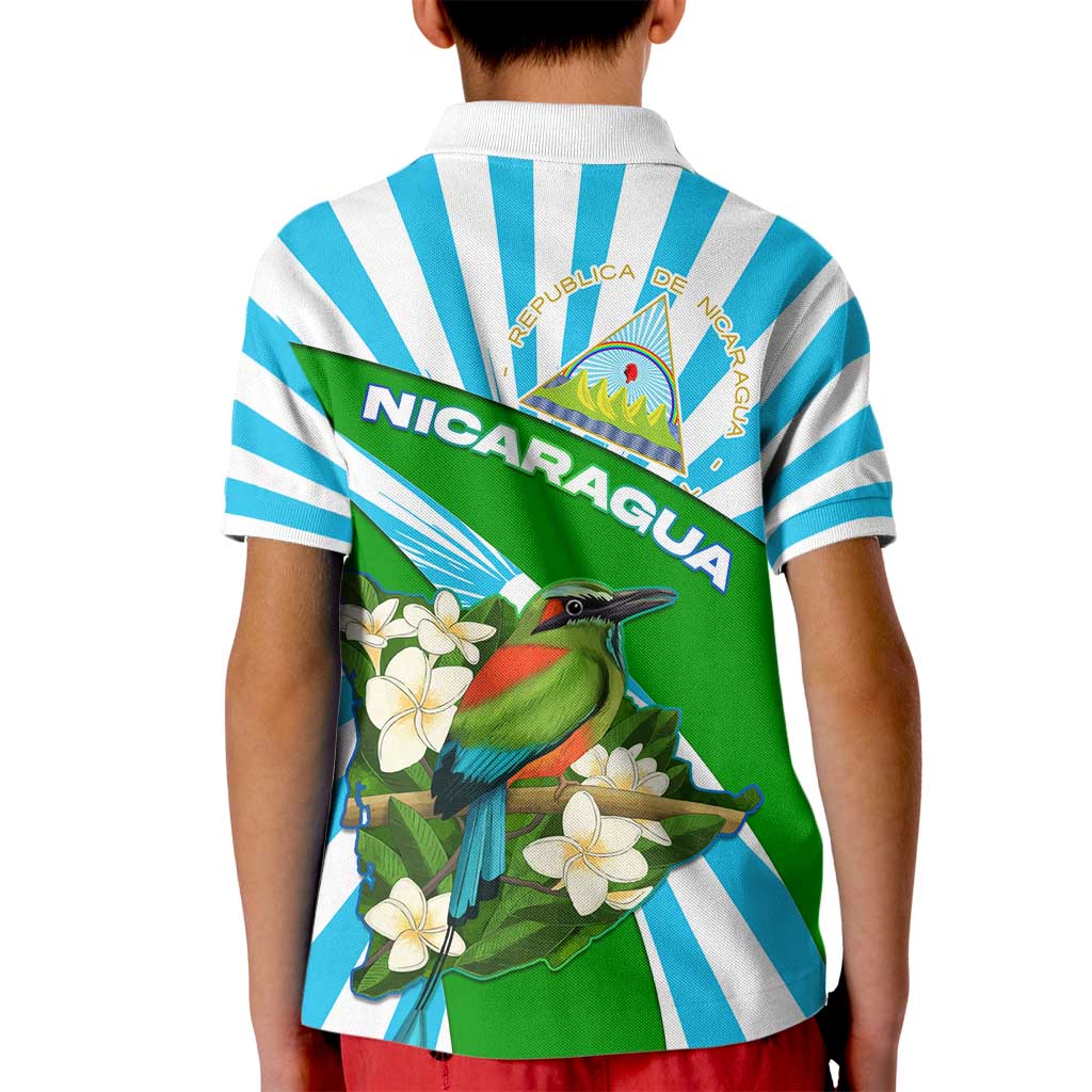 Nicaragua National Bird Kid Polo Shirt with White Flor de Sacuanjoche and Blue Stripe Design - Wonder Print Shop