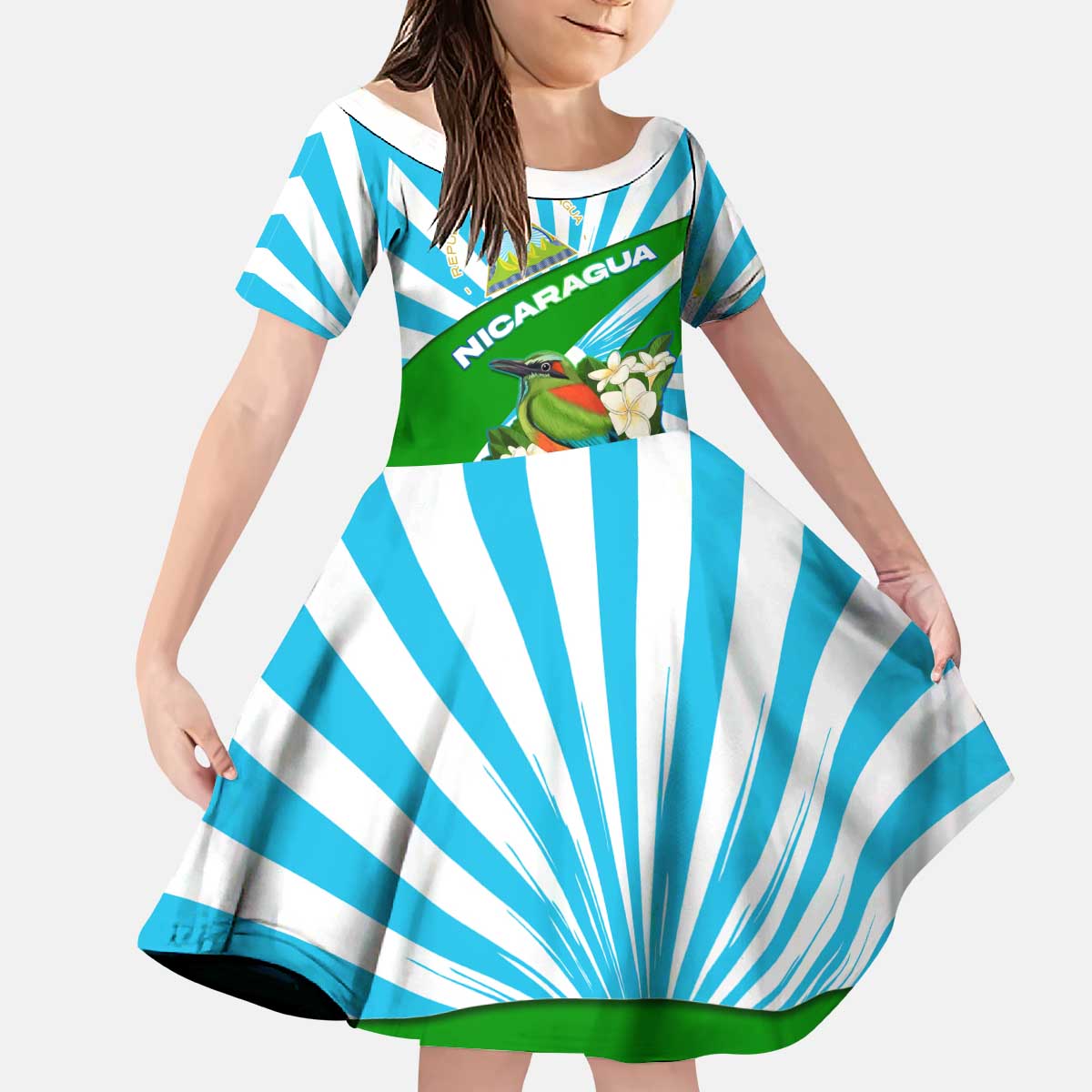 Nicaragua National Bird Kid Short Sleeve Dress with White Flor de Sacuanjoche and Blue Stripe Design - Wonder Print Shop
