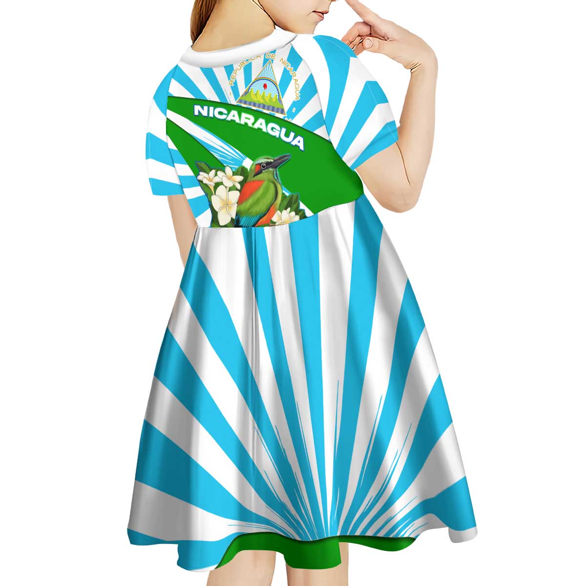 Nicaragua National Bird Kid Short Sleeve Dress with White Flor de Sacuanjoche and Blue Stripe Design - Wonder Print Shop