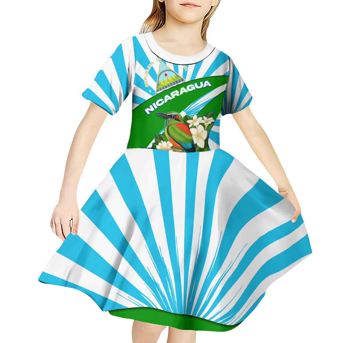 Nicaragua National Bird Kid Short Sleeve Dress with White Flor de Sacuanjoche and Blue Stripe Design - Wonder Print Shop
