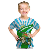 Nicaragua National Bird Kid T Shirt with White Flor de Sacuanjoche and Blue Stripe Design - Wonder Print Shop