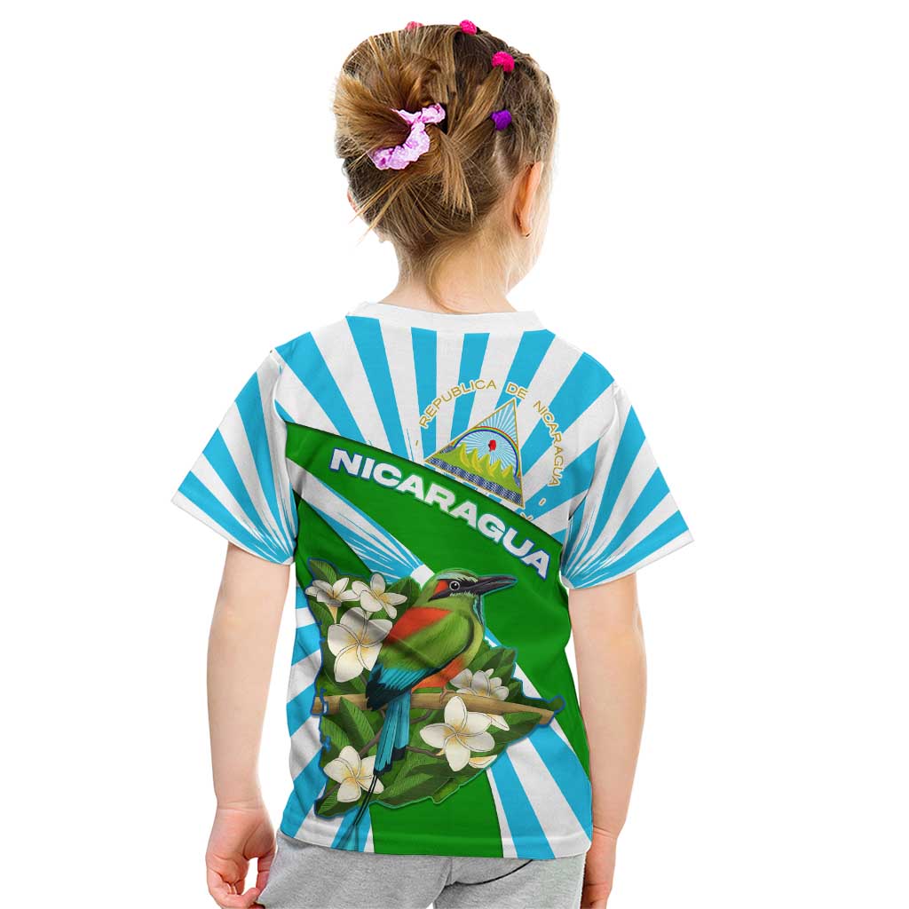 Nicaragua National Bird Kid T Shirt with White Flor de Sacuanjoche and Blue Stripe Design - Wonder Print Shop