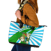 Nicaragua National Bird Leather Tote Bag with White Flor de Sacuanjoche and Blue Stripe Design - Wonder Print Shop