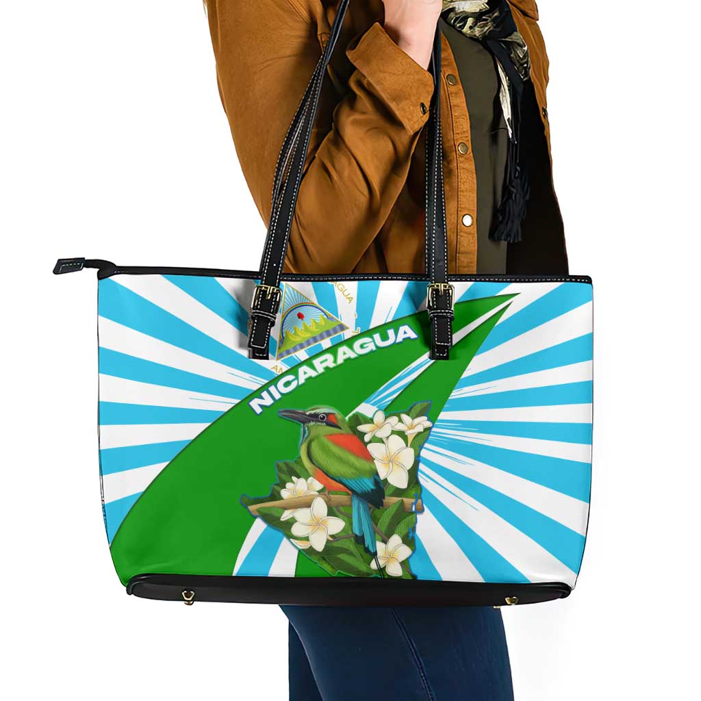 Nicaragua National Bird Leather Tote Bag with White Flor de Sacuanjoche and Blue Stripe Design - Wonder Print Shop