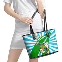 Nicaragua National Bird Leather Tote Bag with White Flor de Sacuanjoche and Blue Stripe Design - Wonder Print Shop