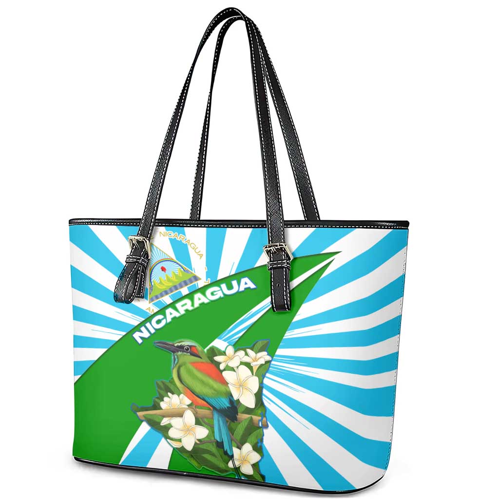 Nicaragua National Bird Leather Tote Bag with White Flor de Sacuanjoche and Blue Stripe Design - Wonder Print Shop