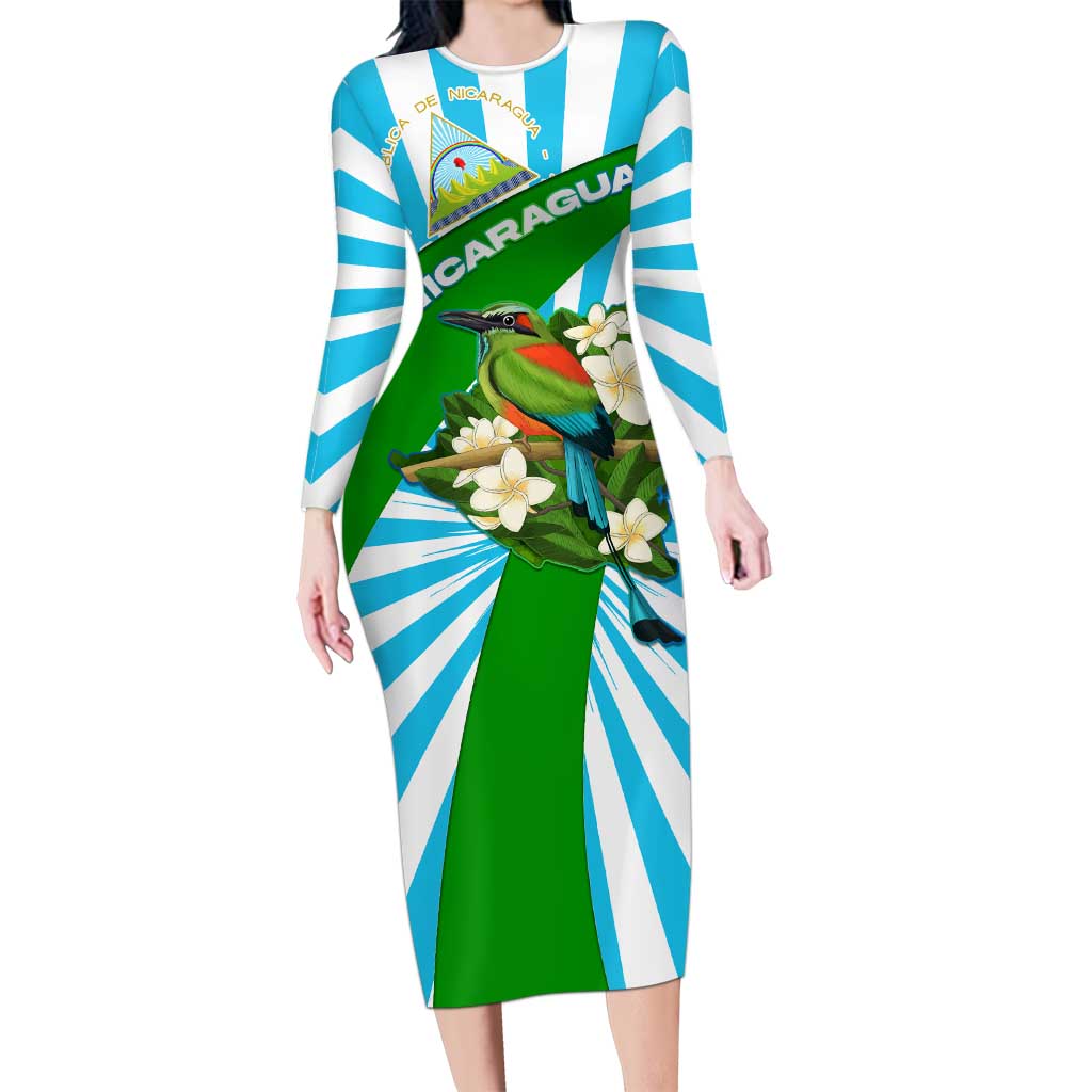 Nicaragua National Bird Long Sleeve Bodycon Dress with White Flor de Sacuanjoche and Blue Stripe Design - Wonder Print Shop