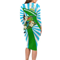 Nicaragua National Bird Long Sleeve Bodycon Dress with White Flor de Sacuanjoche and Blue Stripe Design - Wonder Print Shop
