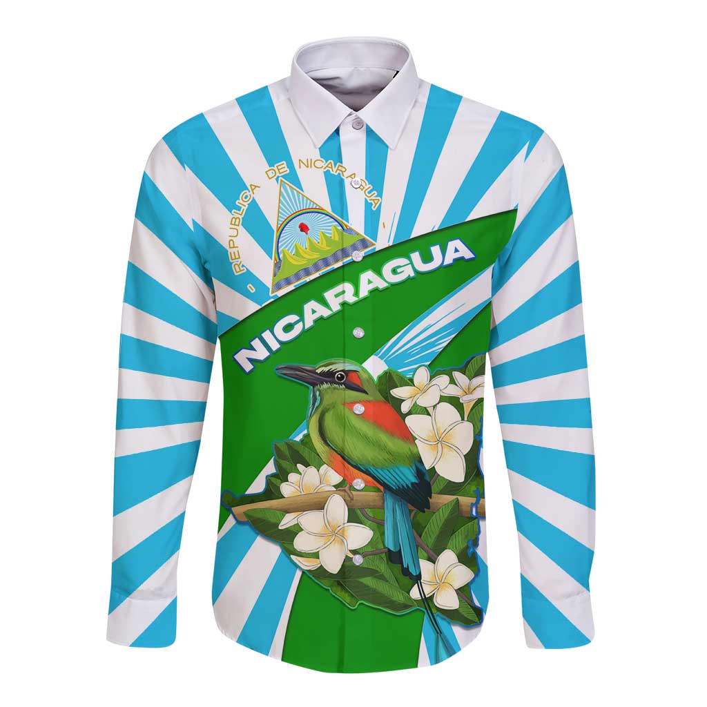 Nicaragua National Bird Long Sleeve Button Shirt with White Flor de Sacuanjoche and Blue Stripe Design - Wonder Print Shop