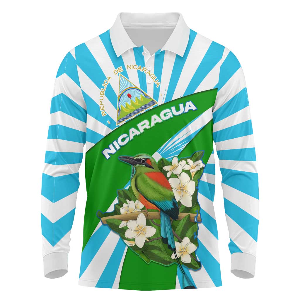 Nicaragua National Bird Long Sleeve Polo Shirt with White Flor de Sacuanjoche and Blue Stripe Design - Wonder Print Shop