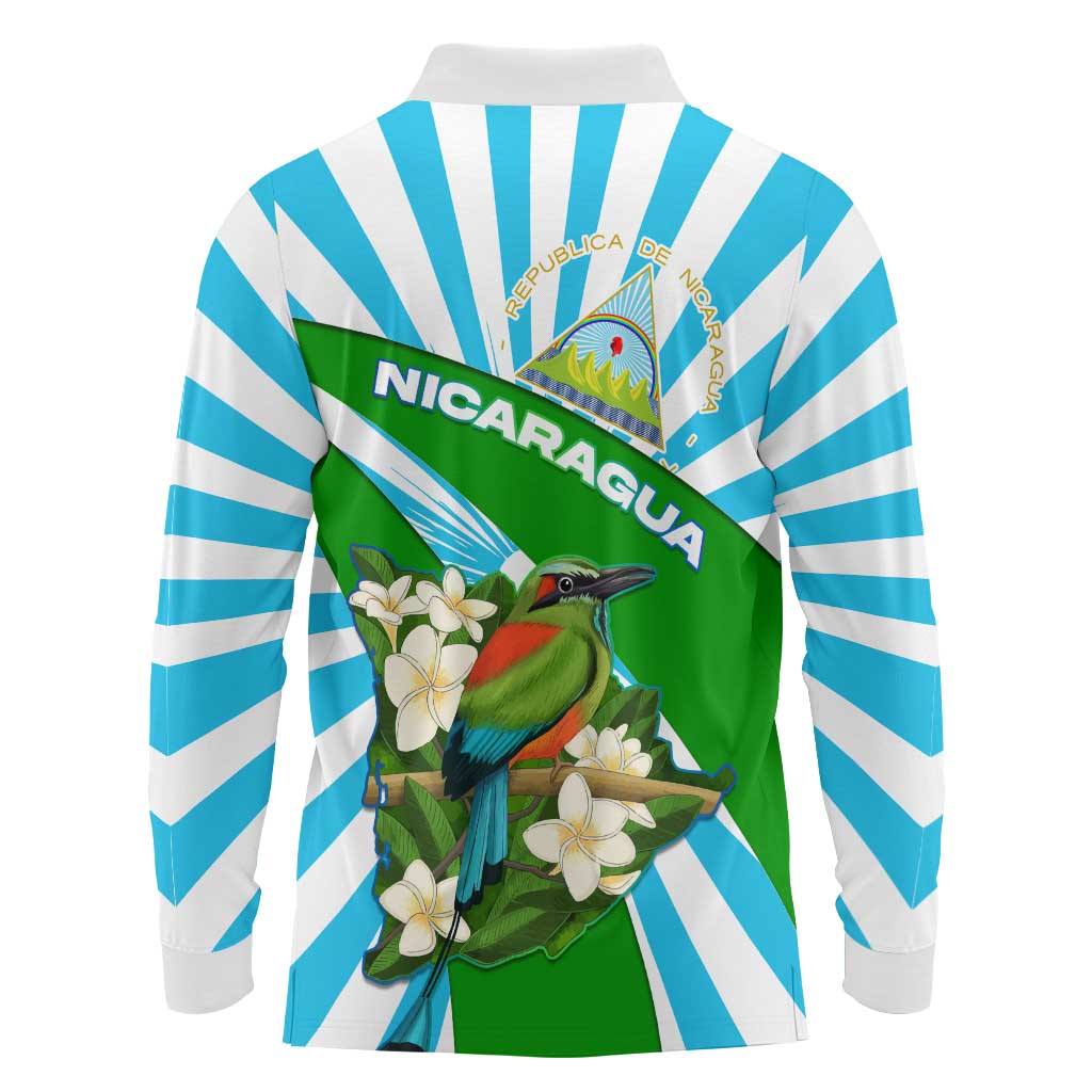 Nicaragua National Bird Long Sleeve Polo Shirt with White Flor de Sacuanjoche and Blue Stripe Design - Wonder Print Shop