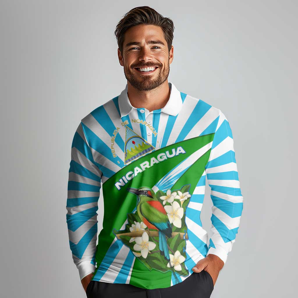 Nicaragua National Bird Long Sleeve Polo Shirt with White Flor de Sacuanjoche and Blue Stripe Design - Wonder Print Shop