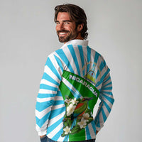 Nicaragua National Bird Long Sleeve Polo Shirt with White Flor de Sacuanjoche and Blue Stripe Design - Wonder Print Shop