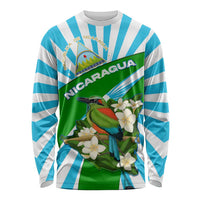 Nicaragua National Bird Long Sleeve Shirt with White Flor de Sacuanjoche and Blue Stripe Design - Wonder Print Shop