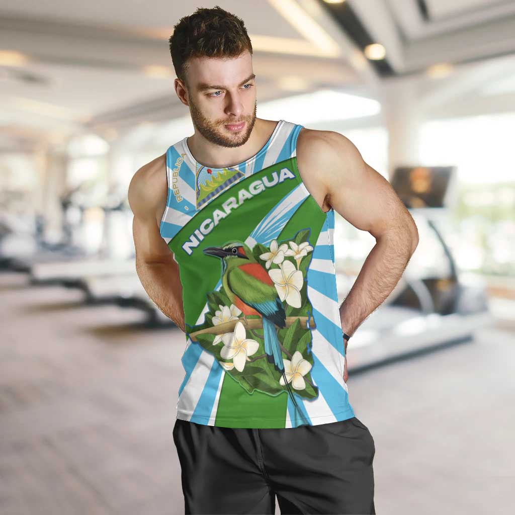 Nicaragua National Bird Men Tank Top with White Flor de Sacuanjoche and Blue Stripe Design - Wonder Print Shop