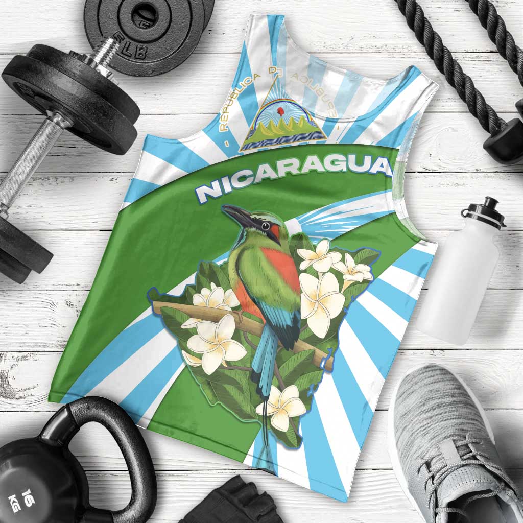 Nicaragua National Bird Men Tank Top with White Flor de Sacuanjoche and Blue Stripe Design - Wonder Print Shop