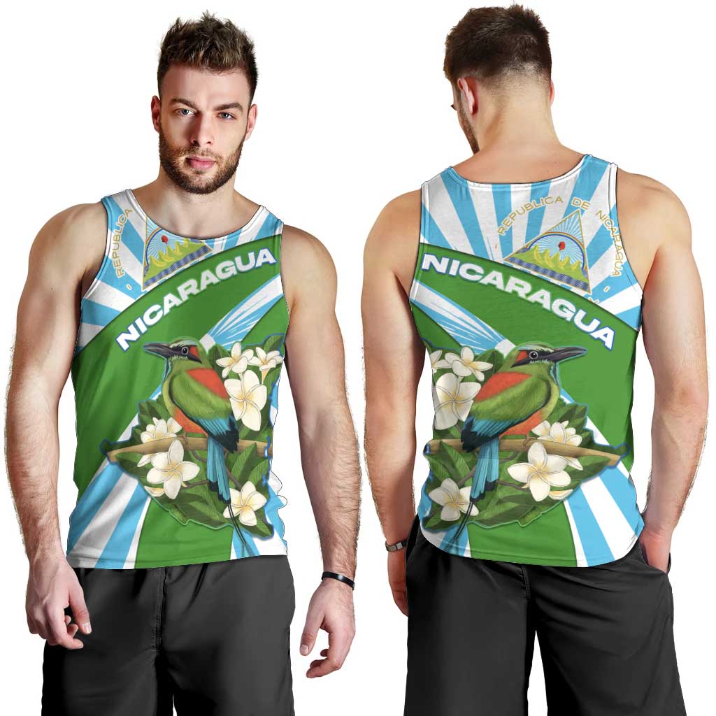 Nicaragua National Bird Men Tank Top with White Flor de Sacuanjoche and Blue Stripe Design - Wonder Print Shop