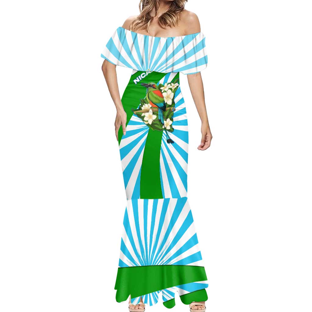 Nicaragua National Bird Mermaid Dress with White Flor de Sacuanjoche and Blue Stripe Design - Wonder Print Shop