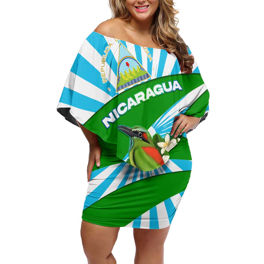Nicaragua National Bird Off Shoulder Short Dress with White Flor de Sacuanjoche and Blue Stripe Design - Wonder Print Shop