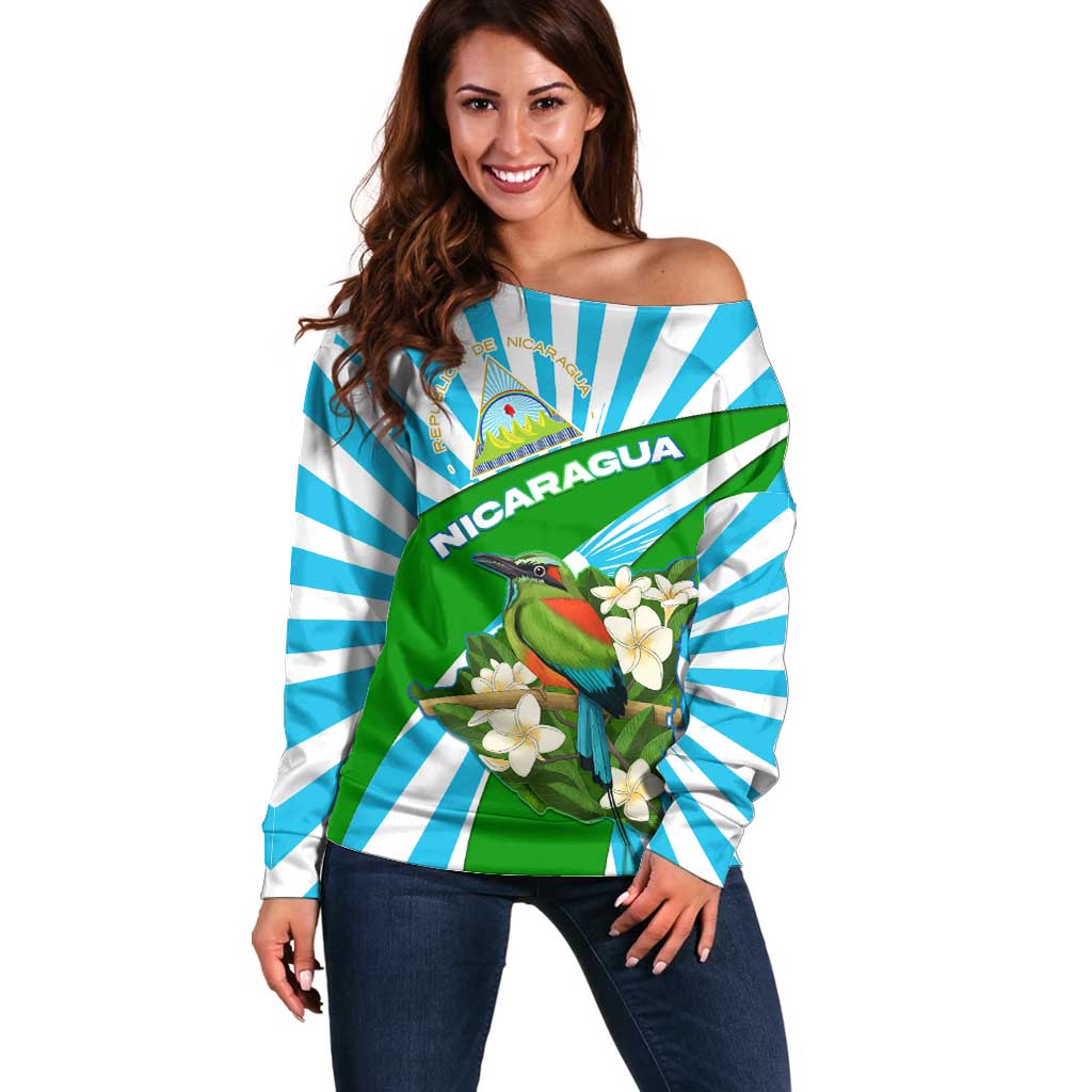 Nicaragua National Bird Off Shoulder Sweater with White Flor de Sacuanjoche and Blue Stripe Design - Wonder Print Shop