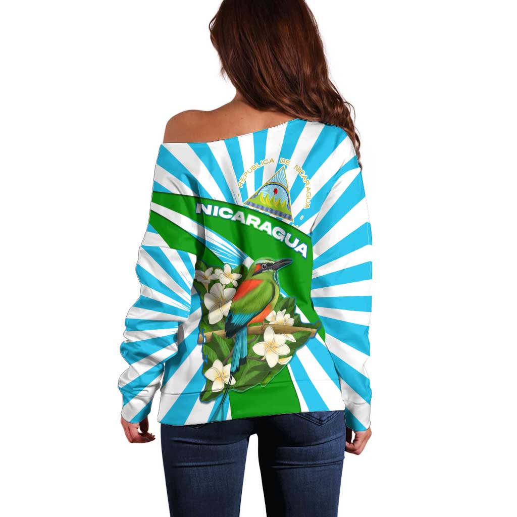 Nicaragua National Bird Off Shoulder Sweater with White Flor de Sacuanjoche and Blue Stripe Design - Wonder Print Shop