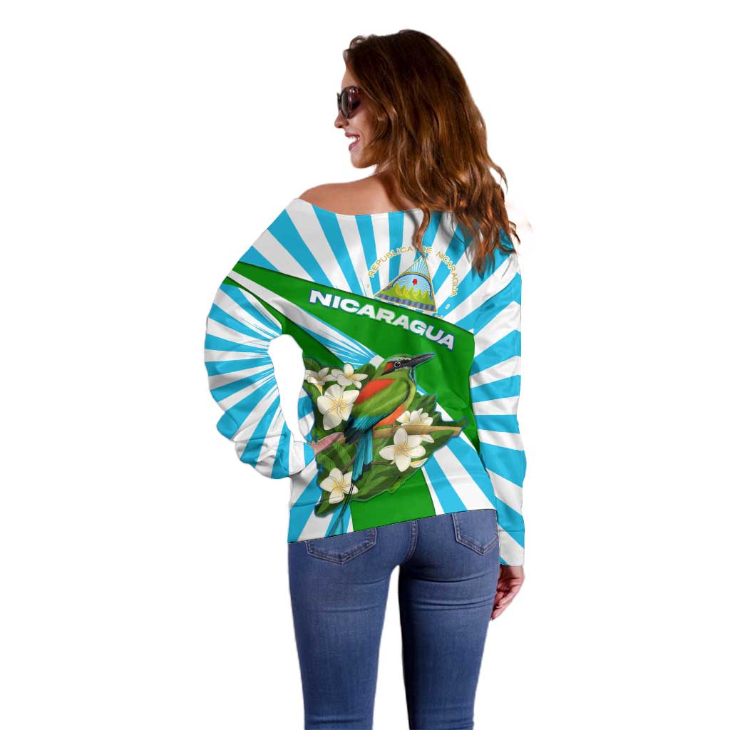 Nicaragua National Bird Off Shoulder Sweater with White Flor de Sacuanjoche and Blue Stripe Design - Wonder Print Shop