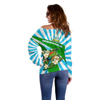Nicaragua National Bird Off Shoulder Sweater with White Flor de Sacuanjoche and Blue Stripe Design - Wonder Print Shop