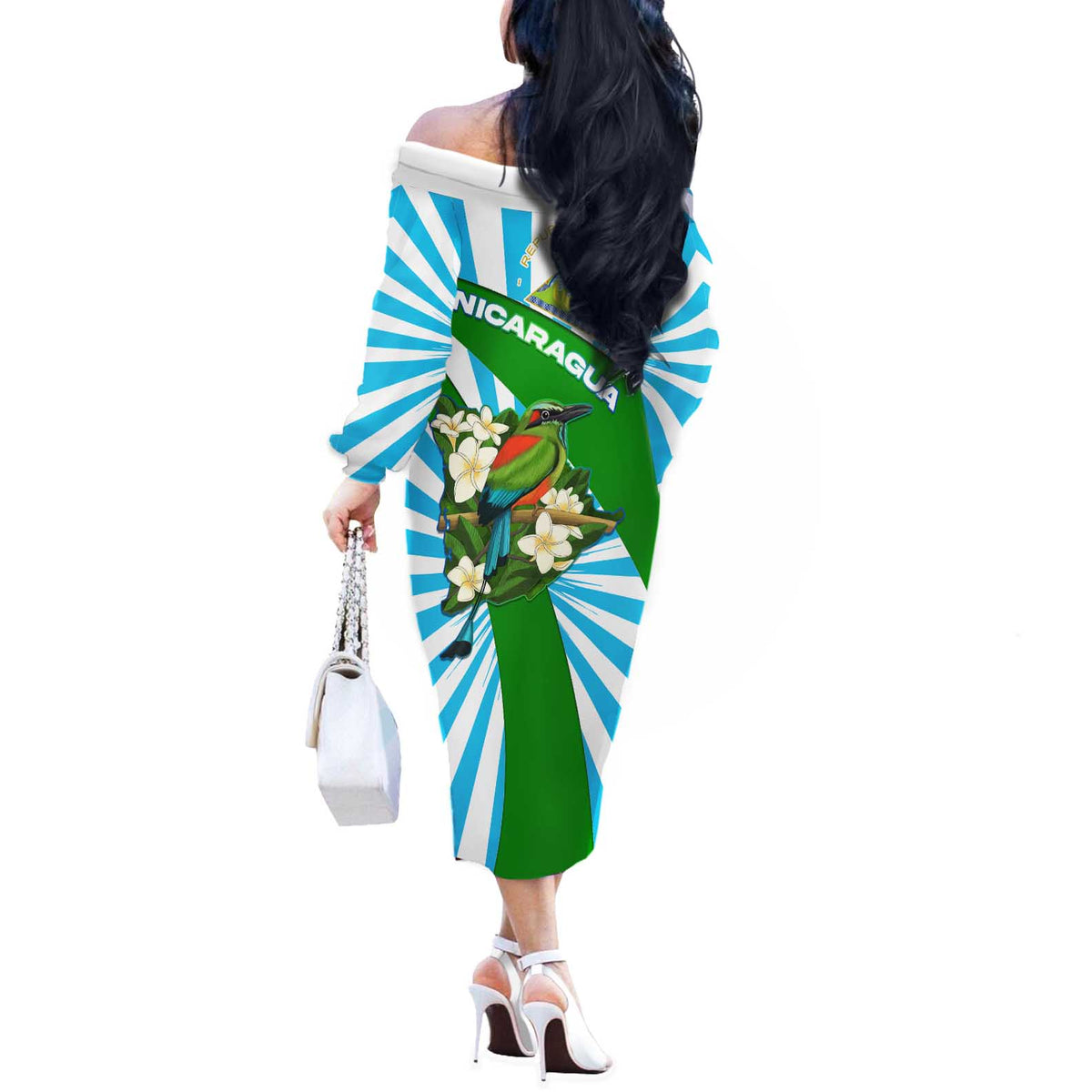 Nicaragua National Bird Off The Shoulder Long Sleeve Dress with White Flor de Sacuanjoche and Blue Stripe Design - Wonder Print Shop