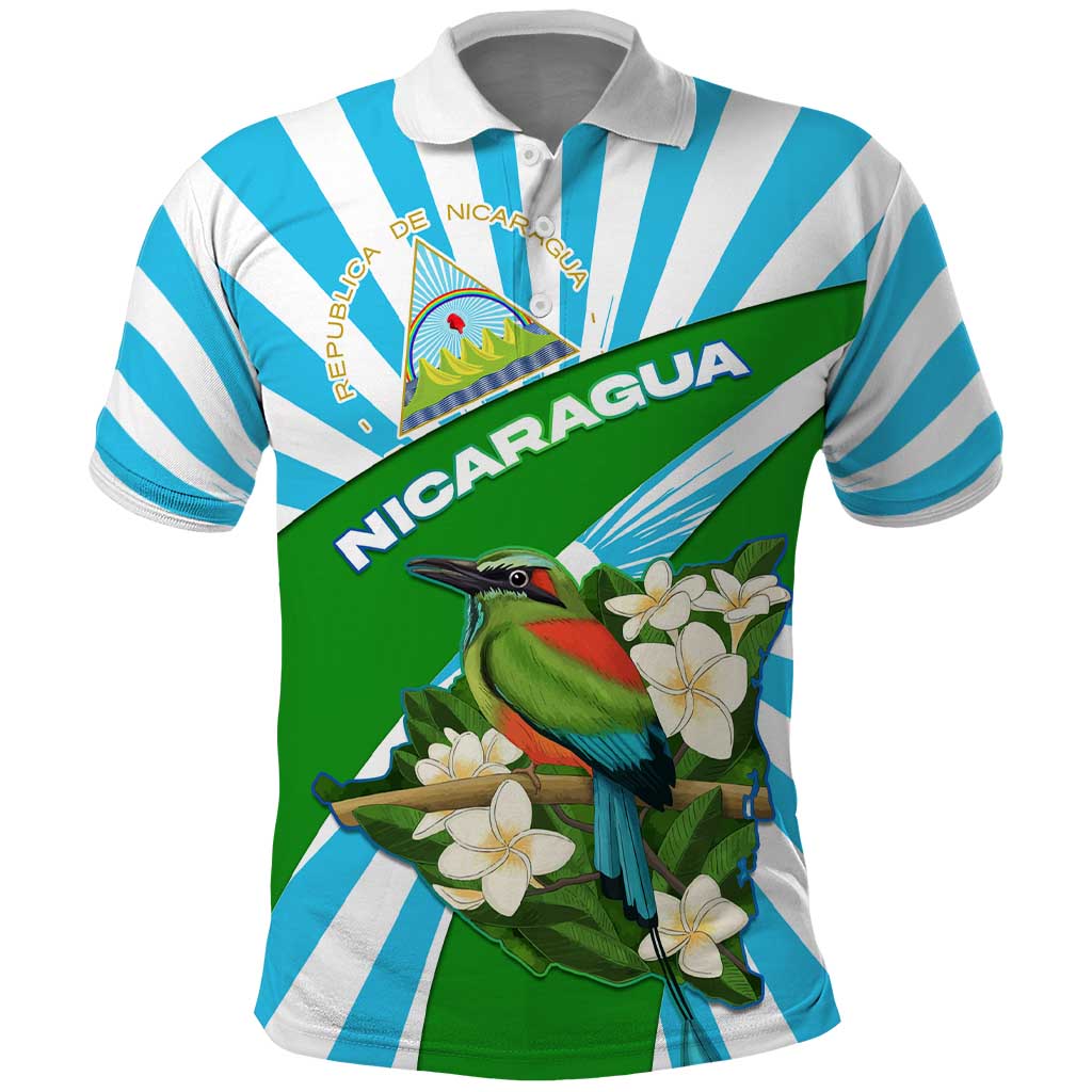 Nicaragua National Bird Polo Shirt with White Flor de Sacuanjoche and Blue Stripe Design - Wonder Print Shop