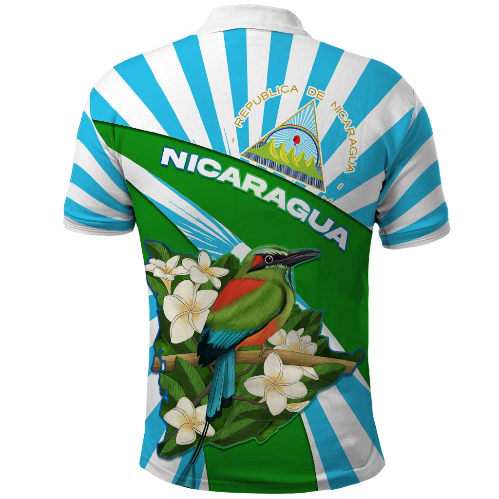 Nicaragua National Bird Polo Shirt with White Flor de Sacuanjoche and Blue Stripe Design - Wonder Print Shop