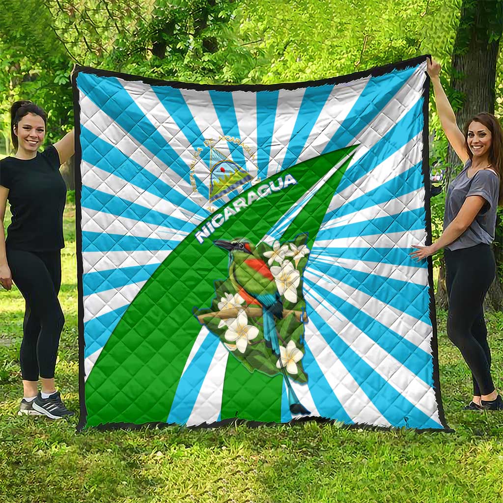 Nicaragua National Bird Quilt with White Flor de Sacuanjoche and Blue Stripe Design - Wonder Print Shop