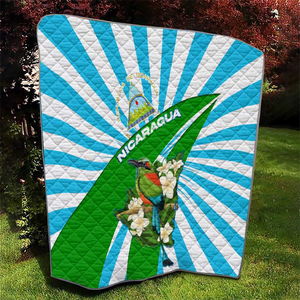 Nicaragua National Bird Quilt with White Flor de Sacuanjoche and Blue Stripe Design - Wonder Print Shop