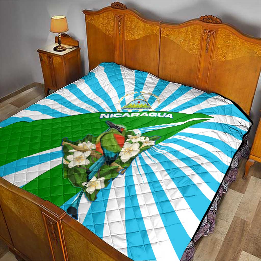 Nicaragua National Bird Quilt with White Flor de Sacuanjoche and Blue Stripe Design - Wonder Print Shop