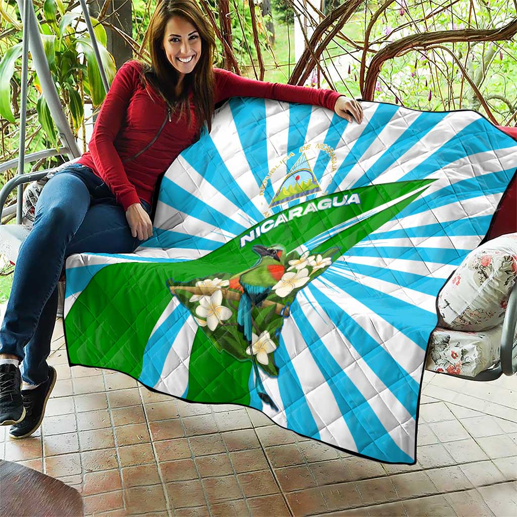 Nicaragua National Bird Quilt with White Flor de Sacuanjoche and Blue Stripe Design - Wonder Print Shop