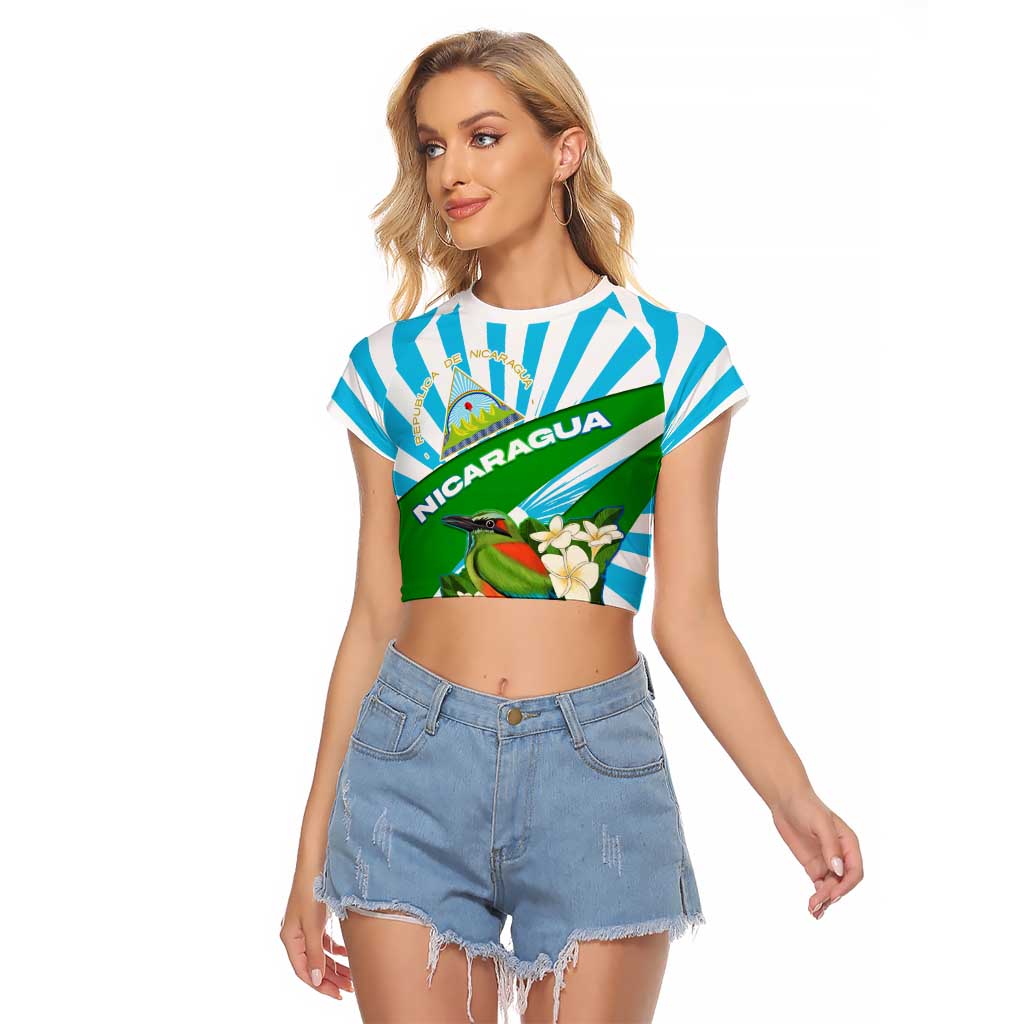 Nicaragua National Bird Raglan Cropped T Shirt with White Flor de Sacuanjoche and Blue Stripe Design - Wonder Print Shop