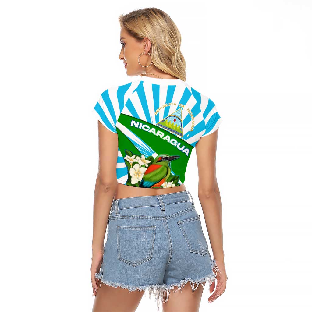 Nicaragua National Bird Raglan Cropped T Shirt with White Flor de Sacuanjoche and Blue Stripe Design - Wonder Print Shop