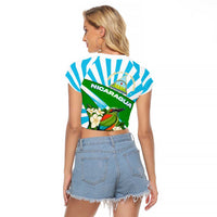 Nicaragua National Bird Raglan Cropped T Shirt with White Flor de Sacuanjoche and Blue Stripe Design - Wonder Print Shop