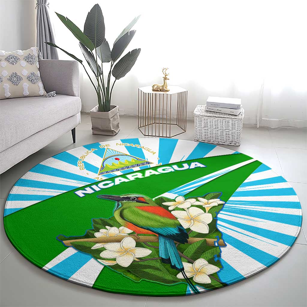 Nicaragua National Bird Round Carpet with White Flor de Sacuanjoche and Blue Stripe Design - Wonder Print Shop