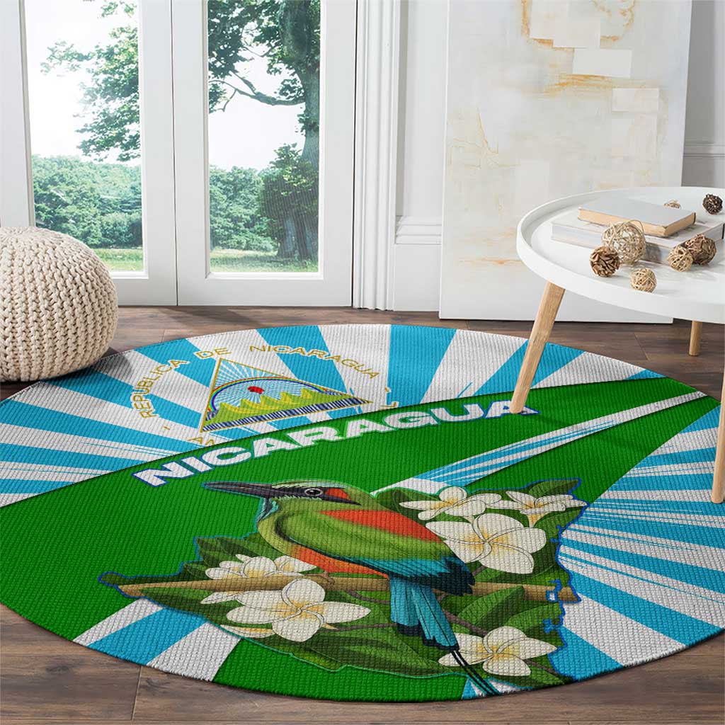 Nicaragua National Bird Round Carpet with White Flor de Sacuanjoche and Blue Stripe Design - Wonder Print Shop
