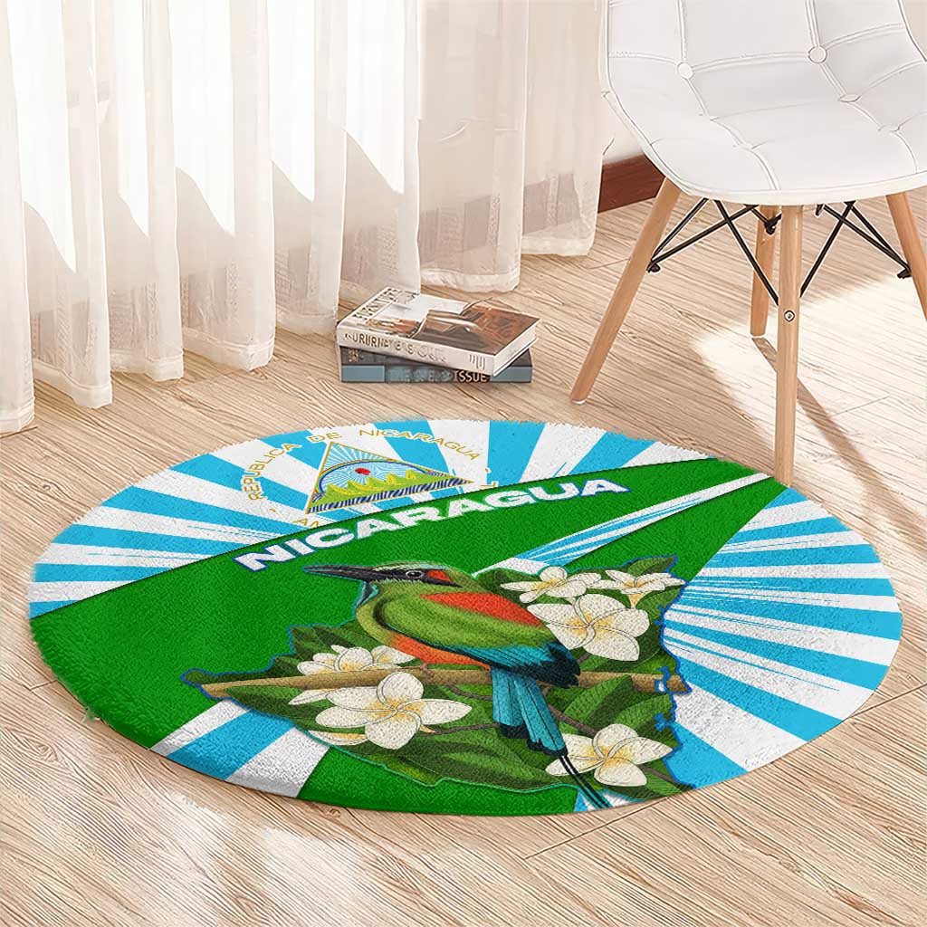 Nicaragua National Bird Round Carpet with White Flor de Sacuanjoche and Blue Stripe Design - Wonder Print Shop