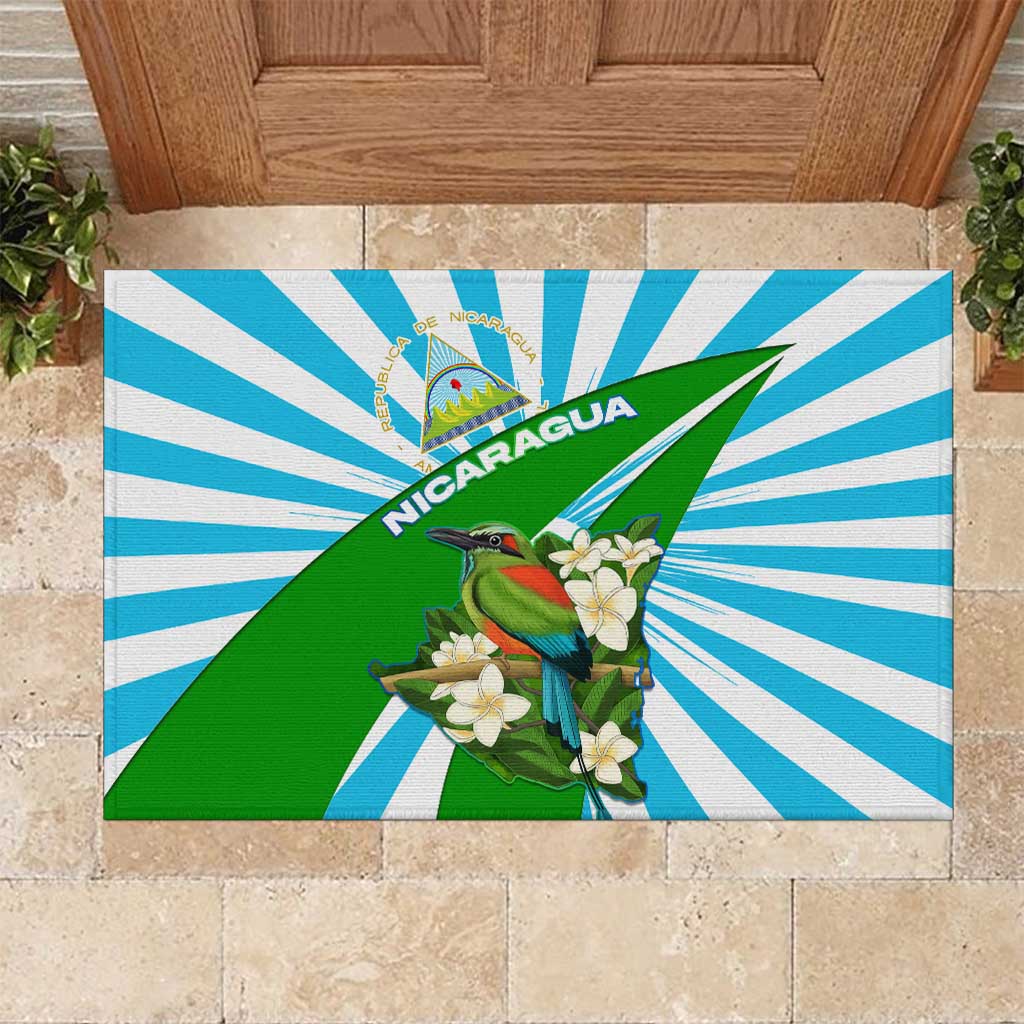 Nicaragua National Bird Rubber Doormat with White Flor de Sacuanjoche and Blue Stripe Design - Wonder Print Shop